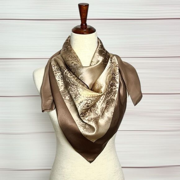 YONG DOO YEUL Korea Silk Scarf Cocoa Tan Colors Paisley Print 35x35” - Picture 4 of 11